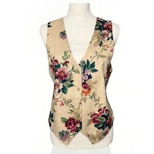Floral Tapestry Medium Vest 90s Cream Jacquard Peach Satin Button Up Deep V Neck